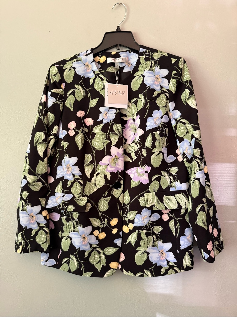 Kasper Black Floral Button-Down Blazer with Pastel Blooms